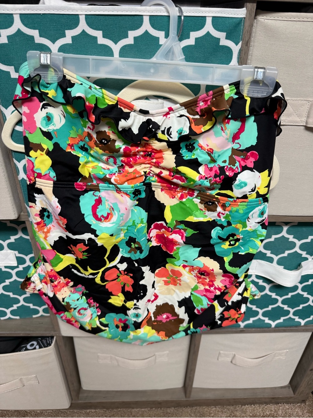 Floral Ruffle Strapless Swim Top - Black with Bright Multicolor Blooms